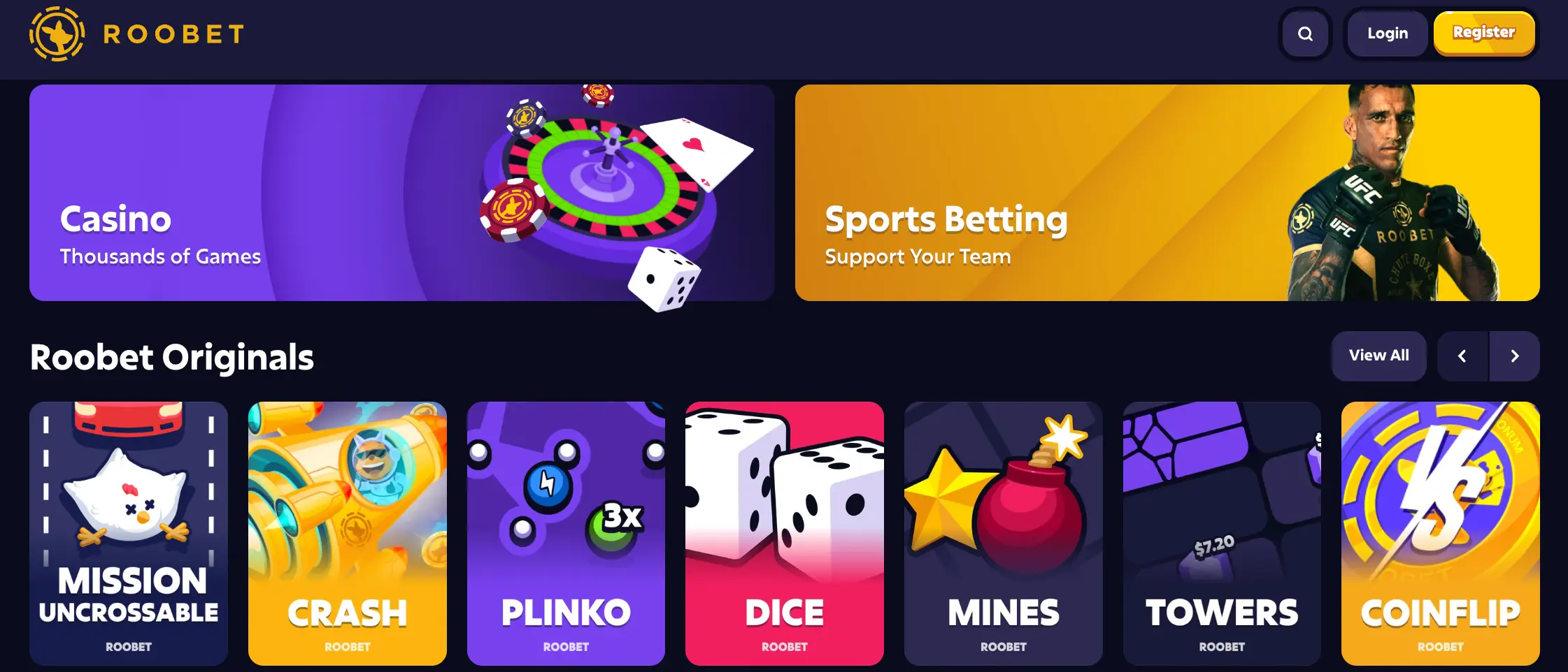 Interface de jeu et de paris de ROOBET